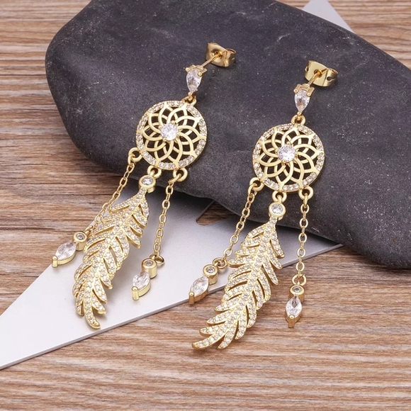 New Gold Dream Catcher Earrings with Cubic Zirconia Native American Inspired - Picture 1 of 6